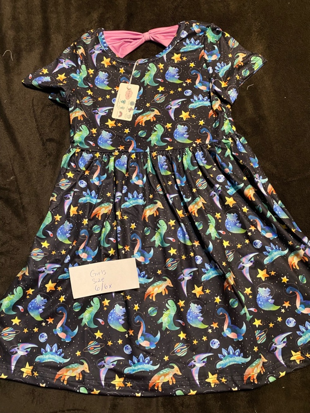Girls Black Space Dinosaur Print Dress with Pink Back Bow